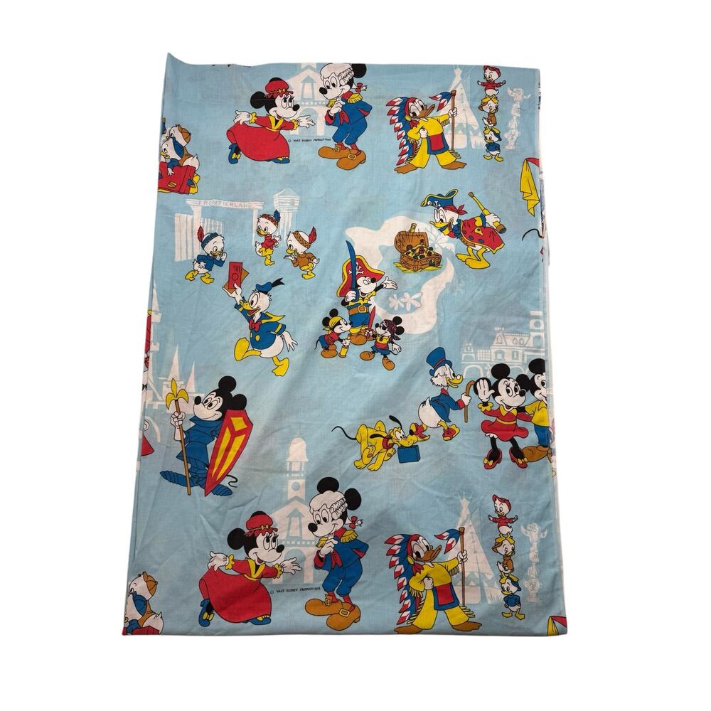 Vintage WALT DISNEY PRODUCTIONS Mickey Mouse Friends Twin Flat Sheet Blue Travel